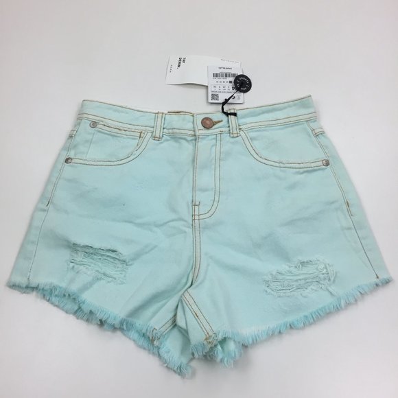 NWT ZARA Mint Green Distressed Raw Edge Hem High Rise Waist Denim Shorts - Picture 1 of 10